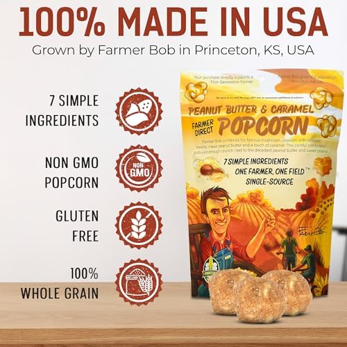 Gourmet Popcorn Bags, Peanut Butter Caramel Corn, Vegan, Gluten Free, Non-GMO, 7 Ingredient, Healthy Resealable Snack, 6oz Bag, Perfect Snacks for Adults, Peanut Butter Pretzels Flavor Farmer Direct - PuffyCrunch by Princeton Popcorn USA Made