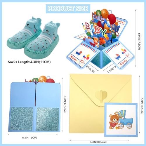 New Baby Congratulations Card Funny Hello Baby 3D Greeting Box Card for Boy Girl with Envelopes，Note Tag and Baby Non Slip Socks (Blue)