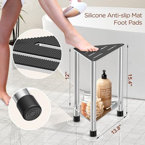 Upgrade Stainless Steel Shower Stool for Inside Shower, 15.4'' H Shower Foot Rest, Corner Shower Stool with Storage Shelf, Shower Step for Shaving Legs, Bathroom Corner Shower Bench, Silver