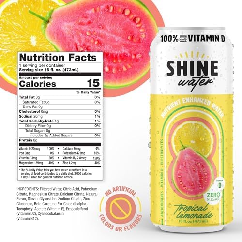 Shine Water Tropical Lemonade Vitamin D Electrolyte Drinks 12-Pack, Sugar Free Flavored Water with Magnesium, Zinc & Antioxidants, Low Calorie Hydration Beverage, Plant-Based Vitamin Water Zero Sugar