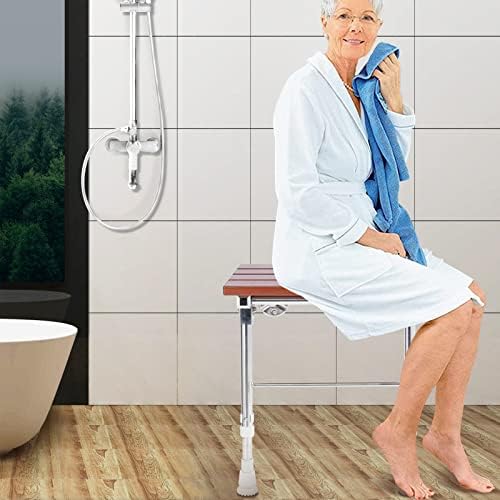 Folding Shower Seat Wall Mounted with Legs, Foldable Shower Chair for Inside Shower, Fold Down Shower Bench for Seniors (Wood, Height Adjustable)