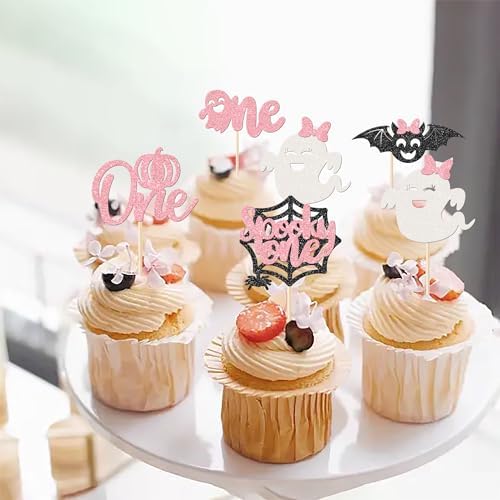 Rsstarxi 30 Pack Halloween Cupcake Toppers Spooky One Girl First Birthday Cupcake Decorations Ghost Bat Spider Pumpkin Cupcake Picks for Halloween Baby Shower 1st Birthday Party Cake Decorations