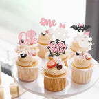 Rsstarxi 30 Pack Halloween Cupcake Toppers Spooky One Girl First Birthday Cupcake Decorations Ghost Bat Spider Pumpkin Cupcake Picks for Halloween Baby Shower 1st Birthday Party Cake Decorations
