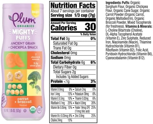 Plum Organics Mighty Puffs Ancient Grain + Chickpea Snack, Carrot + Broccoli Flavor, Baby Crawlers, Kosher, USDA Certified Organic, Non-GMO, 1.85 Ounce (Pack of 6)
