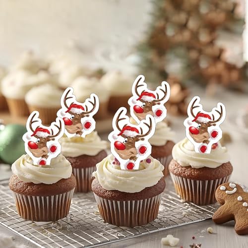 50 PCS Edible Christmas Deer Antlers Cupcake Toppers Merry Xmas Deer Cake Toppers Wafer Paper Christmas Antlers Party Decorations Edible Xmas Theme Baby Shower Birthday Reindeer Party Decor Supplie