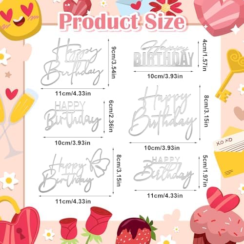 6Pcs Cake Toppers Happy Birthday Acrylic Cake Topper Happy Birthday Cake Sign Picks Happy Birthday Cake Decorations Cake Stick Decor for Celebrating Birthday Anniversary Party(Silver)
