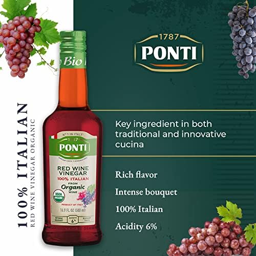 Ponti 100% Italian Red Wine Vinegar for Cooking - Organic Red Wine Vinegar with Balanced Acidity & Harmonious Bouquets – Ideal for Salads, Seafood and Dark Meats – USDA Certified, 16.9 fl oz