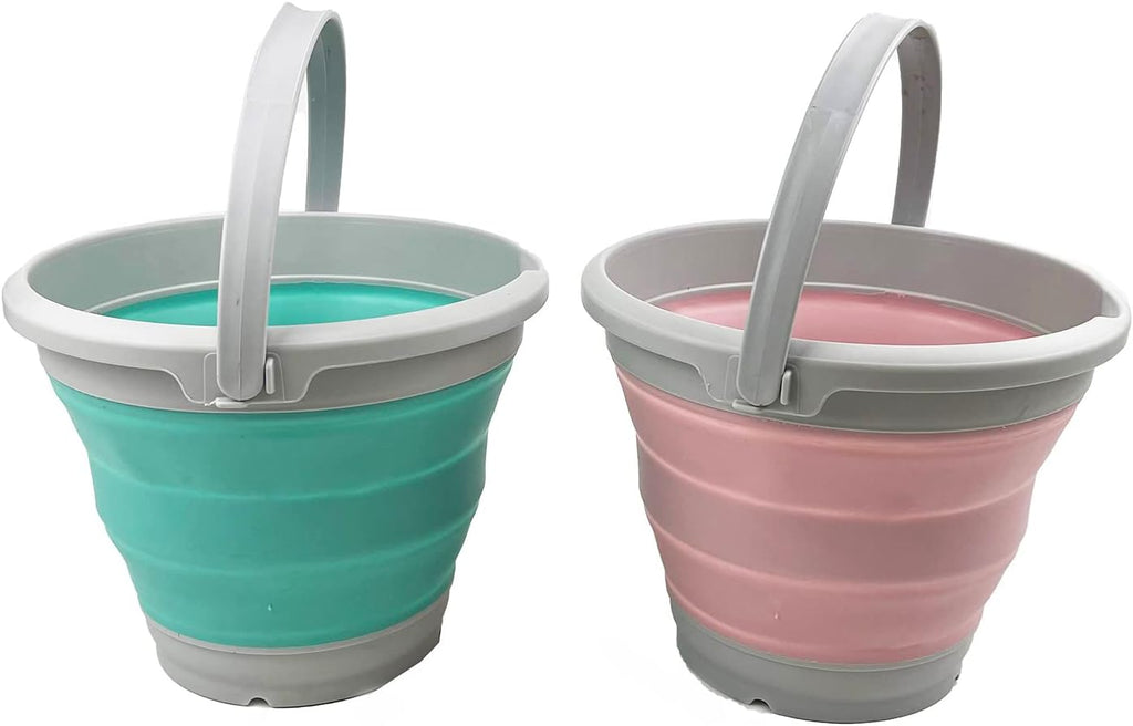 SAMMART 5.5L (1.4 Gallon) Set of 2 Collapsible Plastic Bucket - Foldable Round Tub - Portable Fishing Water Pail - Space Saving Outdoor Waterpot. (Pale Pink + Pine)