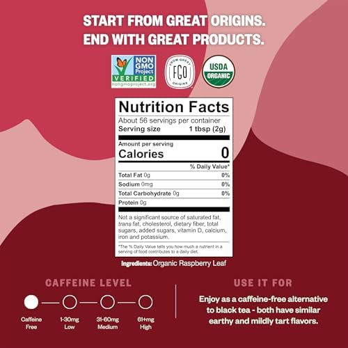 FGO Organic Red Raspberry Loose Leaf Herbal Tea, Cut and Sifted, Caffeine Free, Resealable Bag, 4oz (Pack of 1)