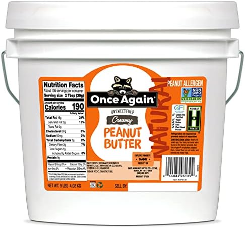 Once Again Natural, Creamy Peanut Butter, 9lb Bucket (same as 9 jars) - Lightly Salted, Unsweetened - Gluten Free Certified, Vegan, Kosher, Non-GMO Verified