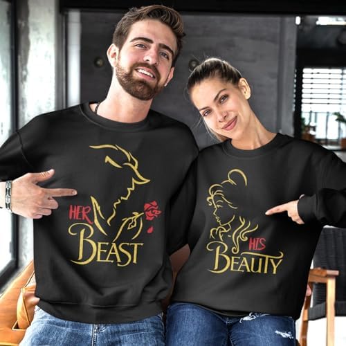 Matching Couples Shirts Her Beast His Beaty Shirt, Set for Men Women T-Shirt Valentine Outfit, Husband Wife T-Shirts, Women Men Couple Valentine's Day Tshirt