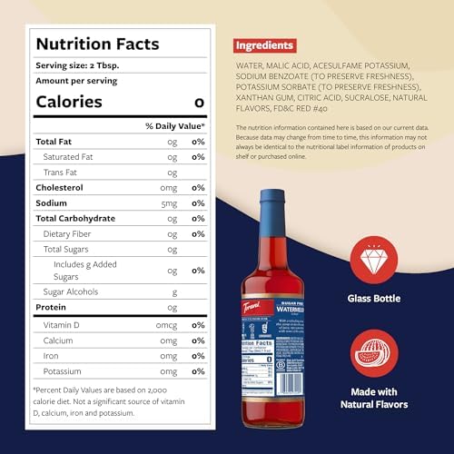 Torani Sugar Free Syrup, Watermelon Flavored Syrup for Drinks, Zero Calorie, Glass Bottle with Pump Included, 25.4 Fl Oz