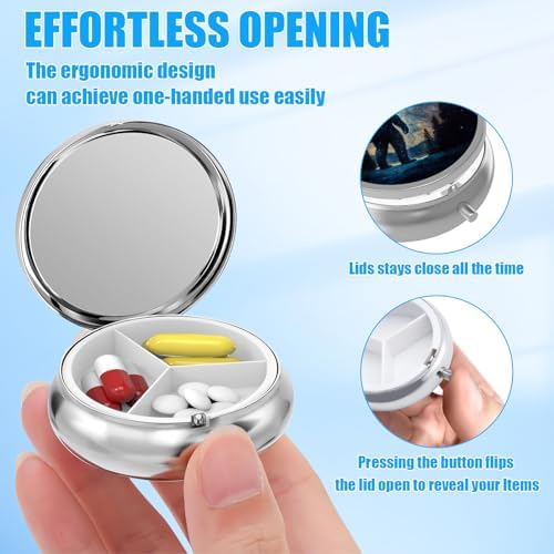 Pill Box, 3 Compartments Small Pill Case Travel Portable Metal Medicine Box with Mirror Mini Container for Purse Pocket Women Men（Bigfoot Mountain Moon）