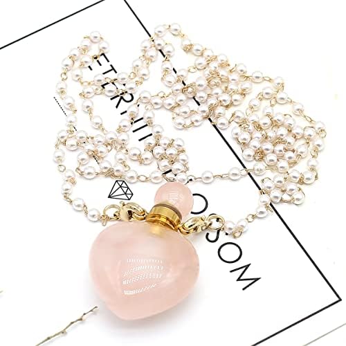 1pcs Natural Rose Quartz Stone Perfume Bottle Pendant Pearl Bead Chain Rectangle Heart Necklace for Women Jewelry Free Accessory Glasses