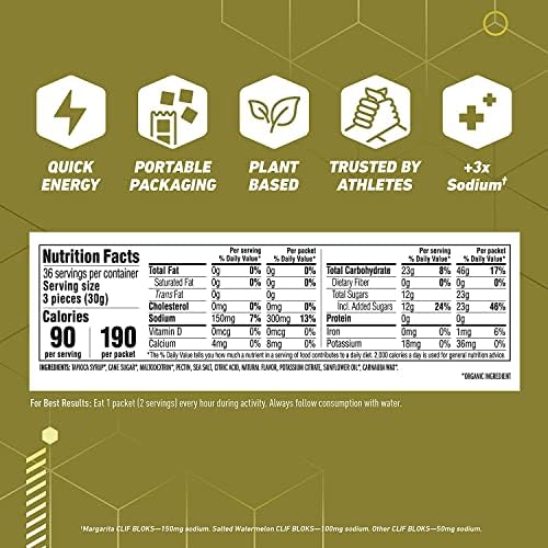 CLIF BLOKS - Energy Chews - Margarita with Salt 3X Sodium for added Electrolytes- Non-GMO - Plant Based Food - Fast Fuel for Cycling and Running-Workout Snack (2.1 Ounce Packet, 3 Count)