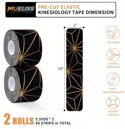 MUEUSS Copper Infused Kinesiology Tape, 40 Precut Strips (2 Rolls), Water Resistant Strips, Original Cotton Elastic Athletic Tape for Sports & Weightlifting, Muscle Strain Relief & Joint Support