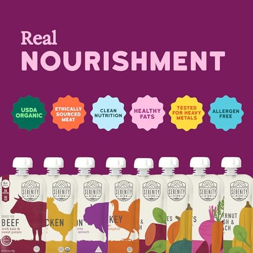 Serenity Kids 6+ Months Organic Baby Food Pouches - 5g Protein Nutrient-Packed Baby Puree Pouches - Organic Veggie-Rich Toddler Snack - On-the-Go Toddler Meals & Snack Pack - 8 Count, 3.5 Oz