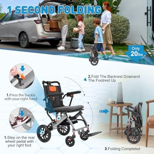 20 LBS Transport Wheelchair Lightweight Foldable,Wheelchairs for Adults, 1s Quick Folding, Quadruple Shock Absorption,Portable Wheelchair for Travel, Hospital & Home Use (Orange)