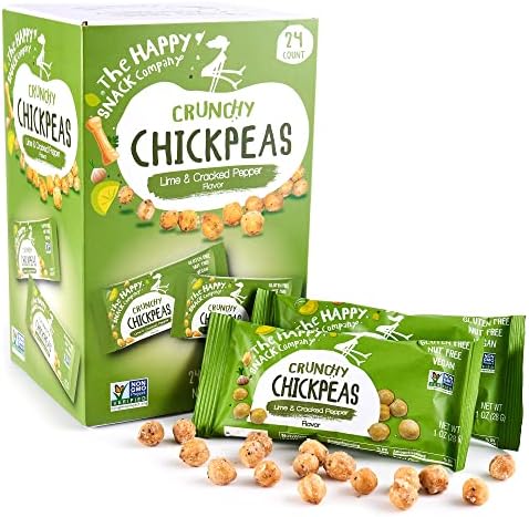 The Happy Snack Company Roasted Chickpeas - Lime and Cracked Pepper, 24 x 1 oz packs, crunchy chickpea snacks, garbanzo snack, vegan chickpea snack, gluten free, dairy free, plant based protein & fiber