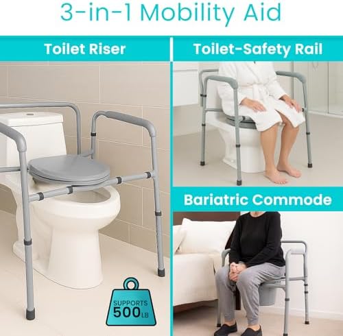 Vive Bariatric Bedside 3-in-1 Commode 500 lb Capacity - Portable Folding Toilet Chair - Adjustable Height, Extra Wide Seat - Bucket Splash Guard Heavy Duty Adult Bathroom, Pail Fits Standard Liner Bag
