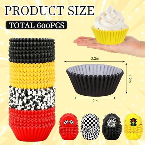600 Pcs Race Car Cupcake Liner Paper Baking Cups Red Yellow Black White Checkered 4 Designs Muffin Liner Cake Storage Container for Birthday Party DIY Crafts Supplies, 2 x 1.2 Inch