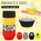 600 Pcs Race Car Cupcake Liner Paper Baking Cups Red Yellow Black White Checkered 4 Designs Muffin Liner Cake Storage Container for Birthday Party DIY Crafts Supplies, 2 x 1.2 Inch