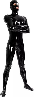 Men's Shiny Wetlook PVC Leather Catsuit Back with Zipper Handmade Full Bodysuit Clubwear Attached Gloves