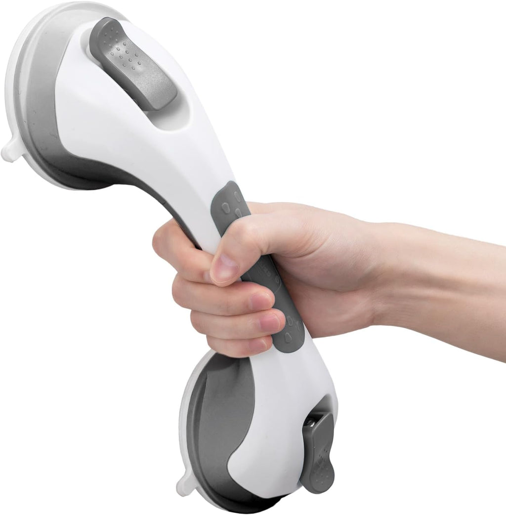 LEVERLOC Shower Grab Bar, 12 Inch Suction Grab Bars for Bathtubs, Shower Handle Handrail for Seniors Bathroom Safety Grip for Elderly, Heavy Duty No Drilling Removable,Grey