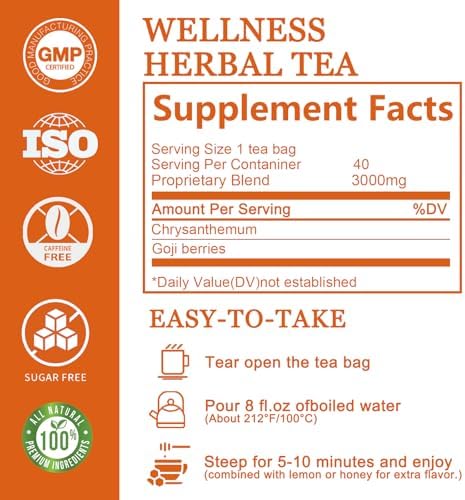 Organic Chinese Chrysanthemum Flower Goji Berry Herbal Tea, Caffeine-Free Herbal Tea for Calm & Relaxation, Non-GMO, Daily Wellness Support, 40 Individually Wrapped Tea Bags
