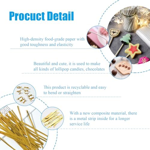 300 PCS Cake Pop Sticks and Wrappers Kit Including 100ct 6-inch Cake Pop Paper Lollipop Sticks, 100ct Clear Candy Treat Bags, 100ct Gold Twist Ties for Cake Pops, Lollipops, Candy, Chocolate