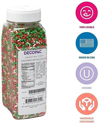 DECOPAC Christmas Trees & Holiday Dots Quins, 20.5oz, Fancy Sprinkles In Red, Green & White, Festive Edible Candy Sprinkles in Handheld Container For Celebration Cakes, Cupcakes, Cookies