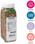 DECOPAC Christmas Trees & Holiday Dots Quins, 20.5oz, Fancy Sprinkles In Red, Green & White, Festive Edible Candy Sprinkles in Handheld Container For Celebration Cakes, Cupcakes, Cookies