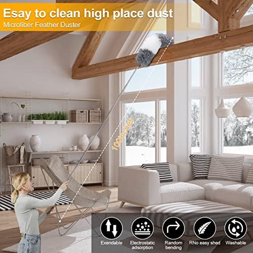 Microfiber Duster for Cleaning Fan, High Ceiling, Blinds, Furniture, Cars , 9PCS Extendable Feather Duster (Stainless Steel) 30 to 100 Inches, Reusable Bendable Washable