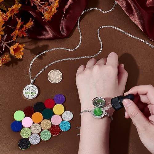 PH PandaHall 2pcs Essential Oil Diffuser Bracelet Necklace Set, Tree of Life Stainless Steel Pendants Charms Adjustable Aromatherapy Locket Jewelry with 20 Random Color Refill Pad for Women Mom Gift