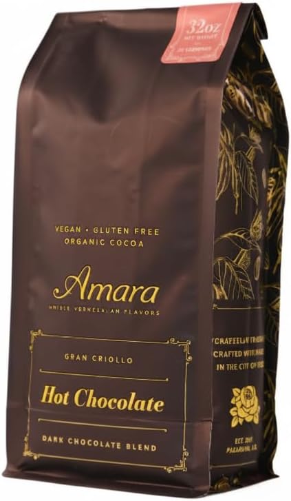 Amara Unique Venezuelan Flavors. Hot Chocolate "Gran Criollo" Dark Chocolate Blend Refill Bag 32 oz. Made with Certified Organic Cacao Powder.