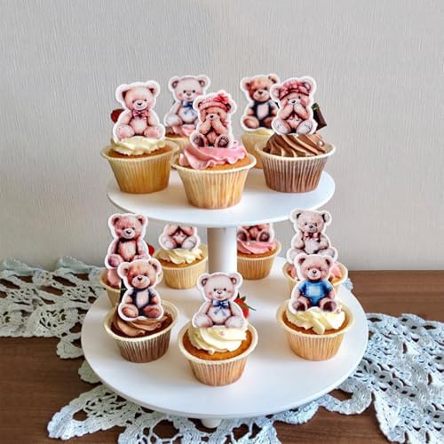 40Pcs Edible Teddy Bears Cupcake Toppers Cute Bear Baby Cupcake Picks for Bear Theme Baby Shower Baby Gender Reveal Little Bears Theme Boys Girls Birthday Party Cake Cupcake Decorations