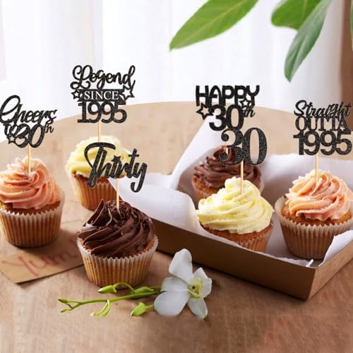 24 Pack 30th Cupcake Toppers Straight Outta 1995 Legend Since 1995 Happy 30th Cheers 30th Forty Cupcake Picks Birthday Party Decoration Supplies | Black 30