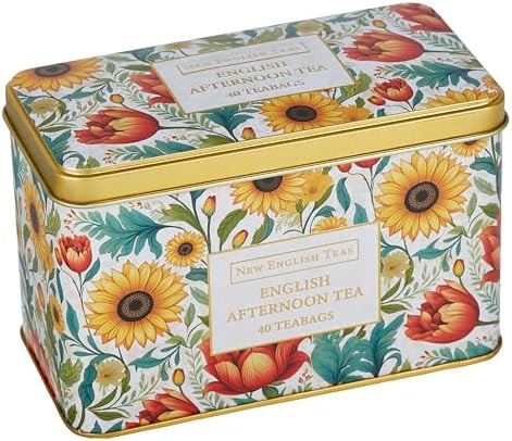 New English Teas Victorian Sunflower Tea Tin with 40 English Afternoon Teabags, Inspired by Embroidery & Textile Styles