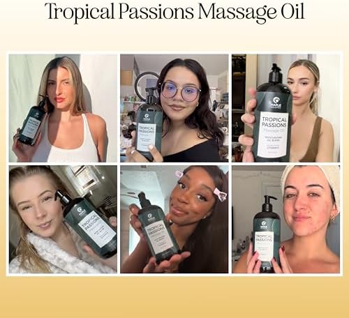 Tropical Massage Oil for Couples Relaxation - Full Body Massage Oil for Date Night with Smooth Gliding Coconut and Sweet Almond Oil with Mango Scent - Non GMO Gluten Free & Vegan (16 Fl Oz)