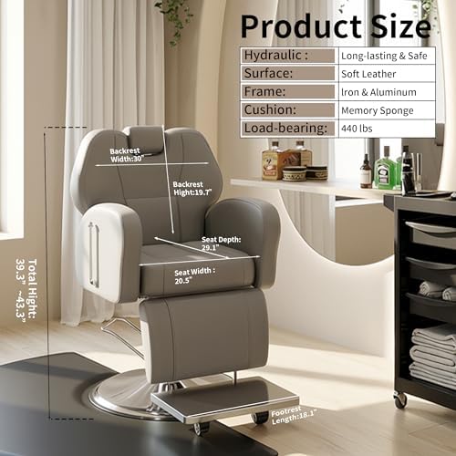 Baasha Heavy Duty Reclining Barber Chair - Grey Hydraulic Salon Chair for Facials, Lash Extensions, Tattoo & Braiding - 165° Recline with Leg Rest, Stainless Steel Base