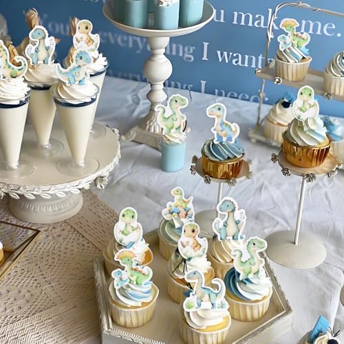 50PCS Edible Dinosaur Cupcake Toppers Cute Dinosaur Baby Cupcake Picks Drink Toppers for Dinosaur Theme Baby Shower Kids Boys Girls Birthday Party Cake Decorations Supplies