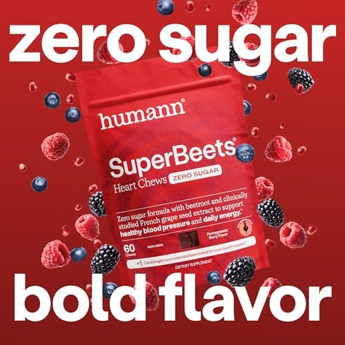 Humann SuperBeets Heart Chews Zero Sugar, Beet Root Supplement, Energy, Nitric Oxide and Blood Pressure Support, Grape Seed Extract & Non-GMO, Heart Health, Pomegranate Berry Flavor, 60 Count