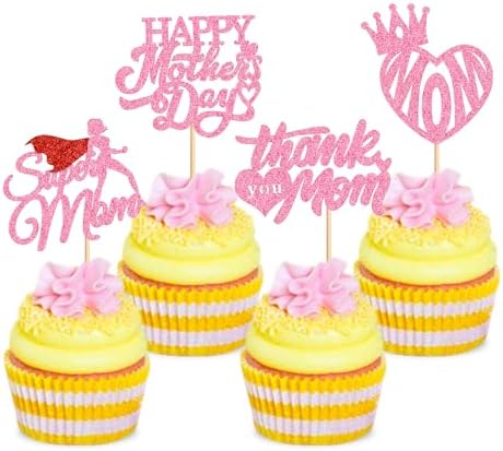 24 Pcs Happy Mothers Day Cupcake Toppers Glitter Cake Toppers Cupcake superman Thank you Mom Happy Birthday Party Supplies Decorations Pink