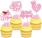 24 Pcs Happy Mothers Day Cupcake Toppers Glitter Cake Toppers Cupcake superman Thank you Mom Happy Birthday Party Supplies Decorations Pink