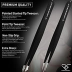 Professional Tweezers Pointed & Slanted for Eyebrow Stainless Steel 2, Pcs Set, Pointed Slant Tip Tweezers for Facial Hair, Plucking Removing Ingrown Hairs, Tweezer for Women Men (Black)