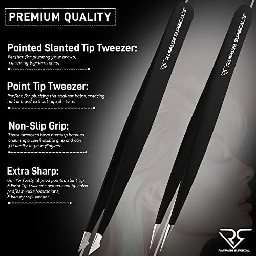 Professional Tweezers Pointed & Slanted for Eyebrow Stainless Steel 2, Pcs Set, Pointed Slant Tip Tweezers for Facial Hair, Plucking Removing Ingrown Hairs, Tweezer for Women Men (Black)