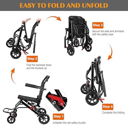 Lightweight Wheelchair, Portable Folding Transport Wheelchair with Locking Hand Brakes, Folding Transit Wheelchairs for Adults and Seniors Support 220lbs