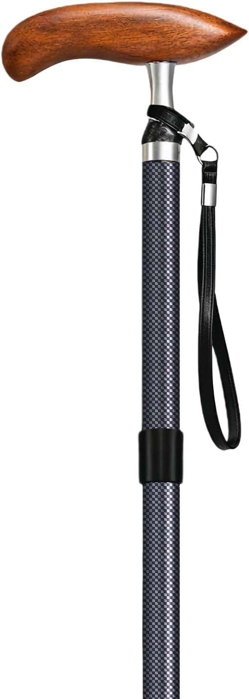 Carbon Fiber Folding Walking Cane for Men & Women, Lightweight Adjustable Travel Cane with Solid Wood Handle, Quad Tip & Carry Bag, Supports up to 300 lbs