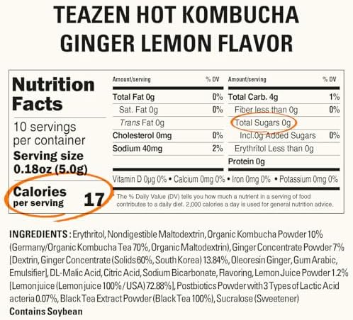 TEAZEN Lemon Ginger Hot Kombucha Tea, Spice Tea, Live Probiotics & Postbiotics, Relaxation and Warmth for Colds and Sore Throat, Hydration Drink Mix, Sugar Free, On-the-Go 10 Packets, 1.76oz
