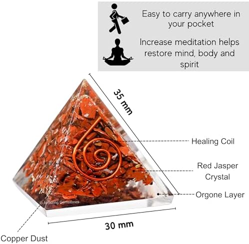 Amazing Gemstone Red Jasper Orgone Pyramid - 30mm Small Orgonite Pyramids with Crystals and Healing Stones - Authentic Organite Gifts